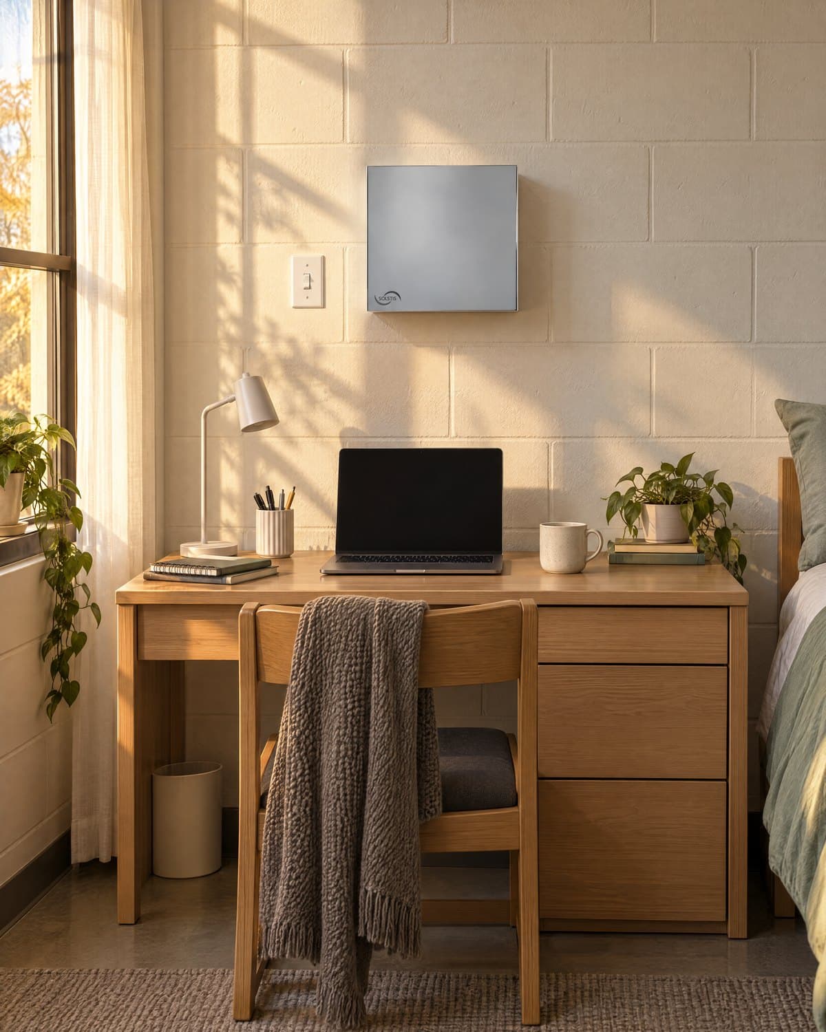 The closed Solstis cabinet on a dorm room wall above a desk, beside a light switch, in late-afternoon sun.