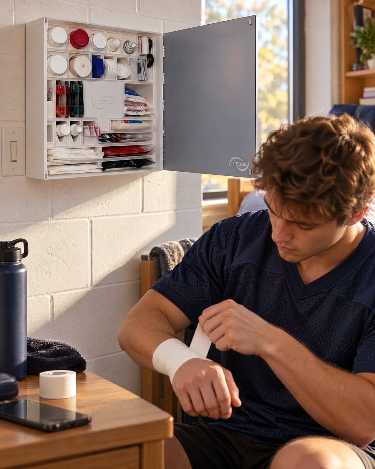 A student in a jersey wraps his wrist at his desk, beside the open Solstis cabinet on the wall by a light switch.