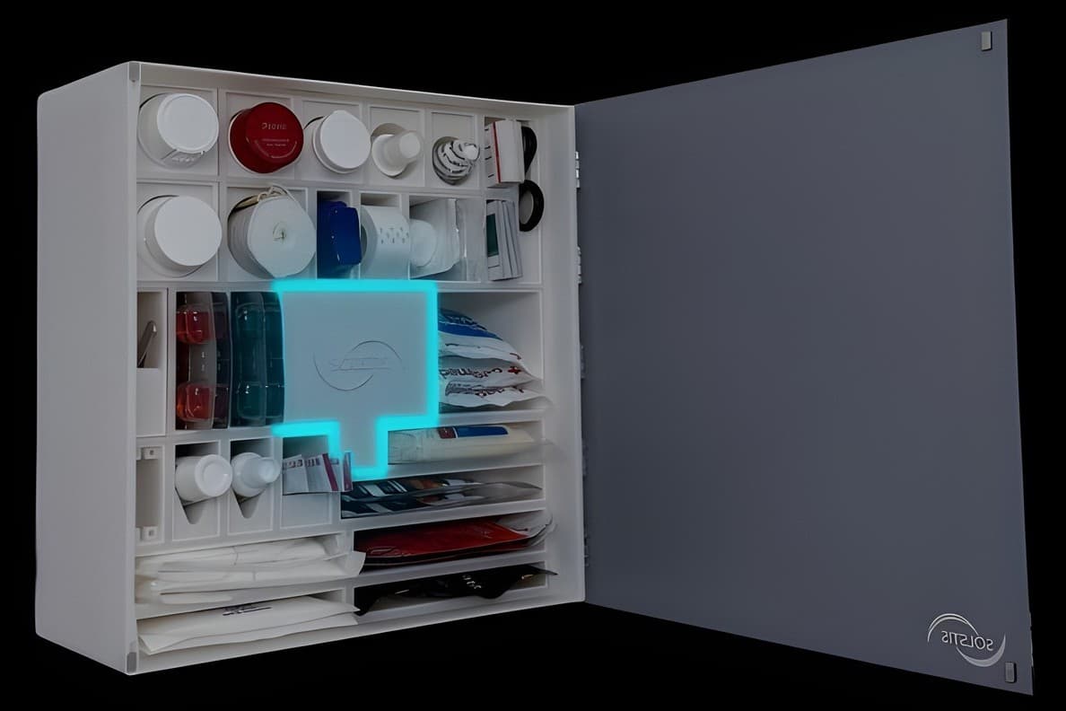 The Solstis cabinet open in a dark room, its cyan glow on
